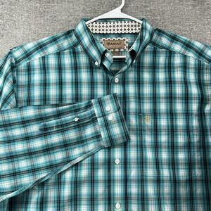Ariat Shirt Men Size XL Teal Plaid Long Sleeve Flip Cuff Casual Western
